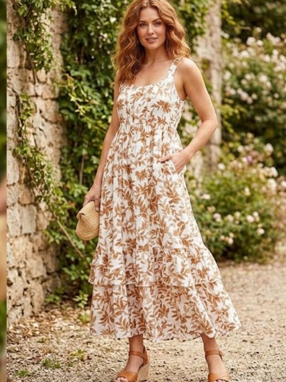 Calista Boho White & Tan Leaf Print Tiered Maxi Dress Small Pockets Cottagecore